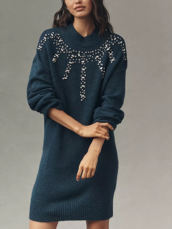 Anthropologie Dresses & Skirts - Anthropologie Long-Sleeve Embellished Sweater Mini Dress Dark Teal Womens Size M